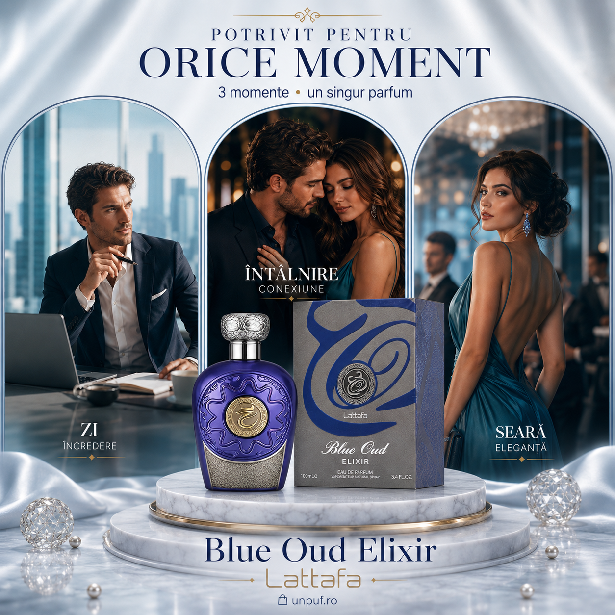 Note olfactive Lattafa Blue Oud Elixir yuzu grepfrut lăm&acirc;ie piper scorțișoară ambră santal guaiac